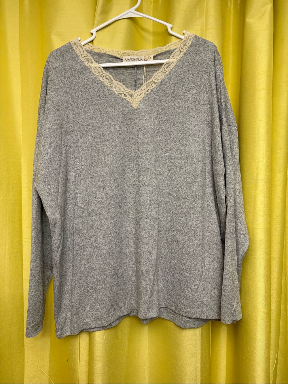 Gray Long-Sleeve V-Neck Top with Cream Lace Trim